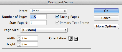 Create a new document: File New Document, and setup the page size (I used 8x5.) Check the "Facing Pages" box.