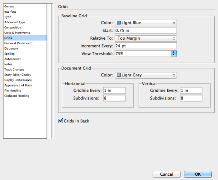 Set up Baseline Grid with increment equal to your font leading. Since I knew I would be adding author's name and book title along the top margin, I started incrementing .75, relative to the top margin.