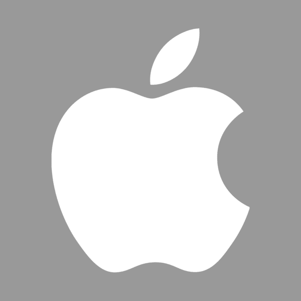 Gray and white Apple logo. The design of the logo started in 1977 designed by Rob Janoff with the rainbow color theme used until 1999 when Apple stopped using the rainbow color theme and used a few different color themes for the same design. Apple