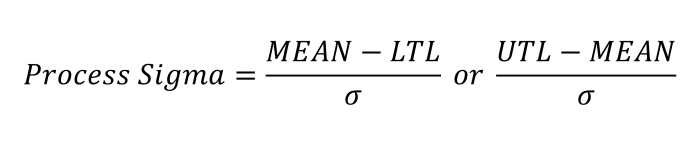 The equations above are used to find process sigma. The lowest of the two outcomes will be called process sigma.