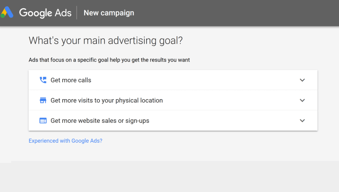 Google Ads offers 3 types of advertising goals for campaigns that you can choose from: One for higher phone calls, one to increase physical location visits, and one that focuses on website sales.
