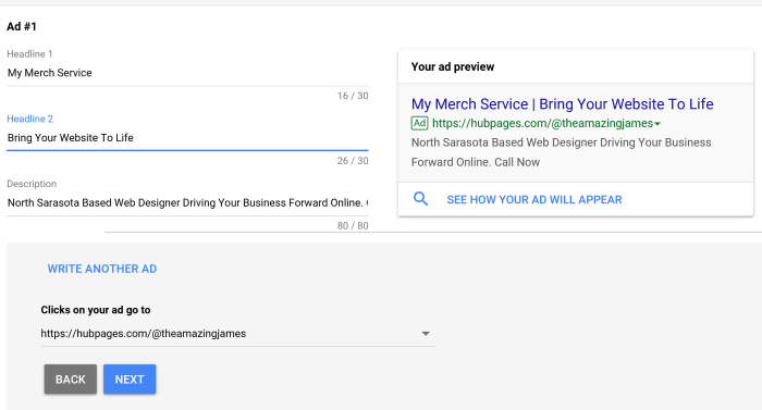 This is the ad that will appear when people are searching with your AdWords. Make sure the messaging is correct and have others review the ad to ensure a clear connection to the needs of potential consumer is well established.