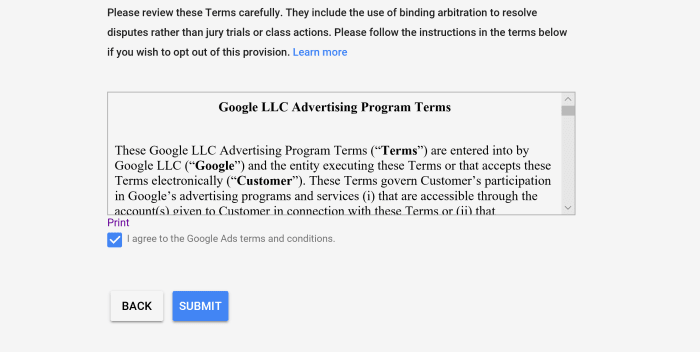The campaign agreement appears on the last page of the Google Ads set up process. The top of this page requires the advertiser to fill in their address and billing information.