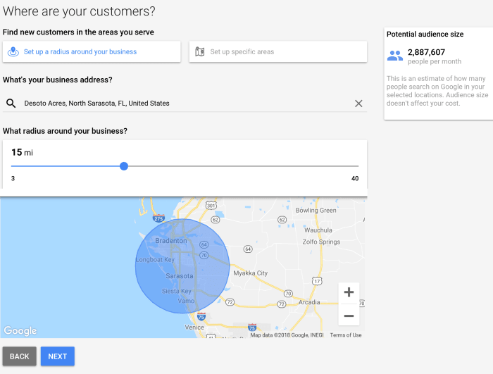 The default geographic area for a target market is a 15-mile radius around the advertiser's current location. This area can be expanded, or other locations can be added to increase the possilble audience size for the campaign.