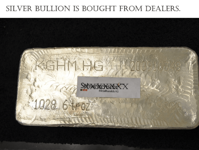 Silver bullion is bought from silver bullion dealers. Not all governments permit the sale of bullion.