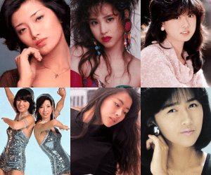 Six of the biggest faces of "The Golden Idol Era". L-R, T-B: Momoe Yamaguchi, Seiko Matsuda, Akina Nakamori, Pink Lady, Miho Nakayama, Shizuka Kudo