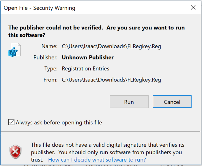 Figure 6: When installing the registry file, you may encounter a warning message. Click "Run" to proceed with the installation, as the file is completely safe.
