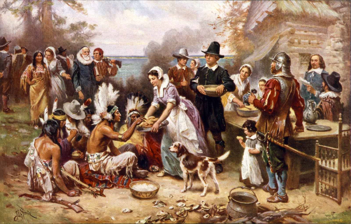 Some accounts of the first Thanksgiving celebration in Plymouth, MA describe a collaborative feast enjoyed by both European pilgrims and Indigenous Americans.