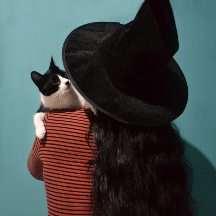 Costumes like this witch's hat are perfect for work because they can be easily removed if necessary. If your workplace is pet-friendly, bring in your cat to complete the look!