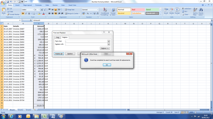 Once we have run the find and replace function we now have a . as a decimal seperator which is recognised by excel.