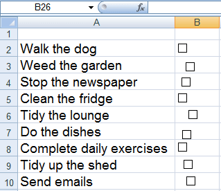 Newly created check boxes before being aligned in Excel 2007 or Excel 2010.