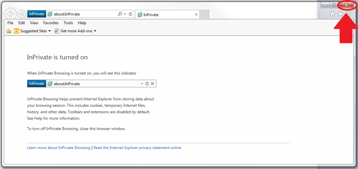 Figure 4. Click the red X in the top right corner of the screen to close the window and end the InPrivate browsing session.