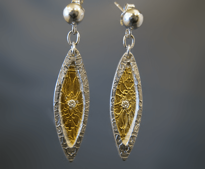 Fine silver marquise earrings with 24k gold keum-boo accents and embedded fire-in-place CZ (cubic zirconia) stones.