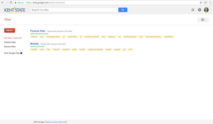 This is what your Google site dashboard looks like. Within this dashboard you have access to all of your created websites, user settings, an option to start a new site.