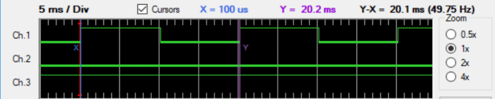 Logic analyzer trace showing interrupt being triggered every 20 ms and 10 ms second pulses through the interrupt function on RD0.