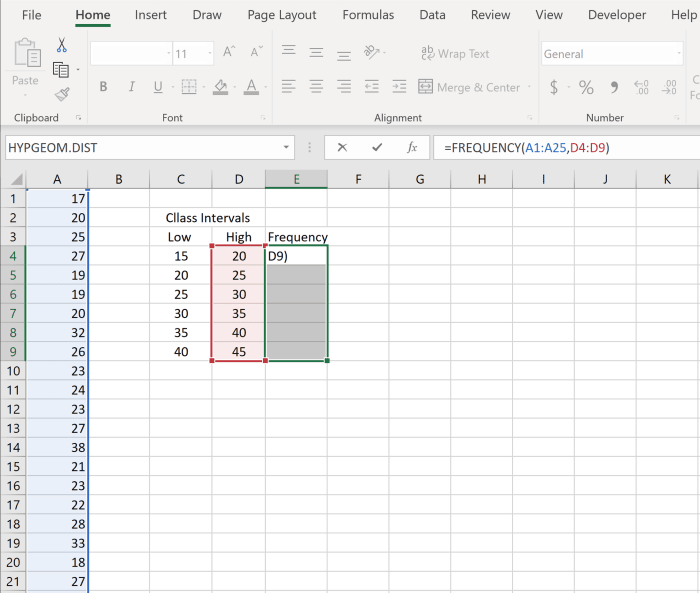 This is the point where you press shift+ctrl+enter. Doing so will add brackets to the function to enable it to print all the frequency values.