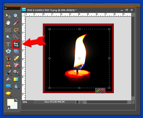 Screenshot 10. Cropping in Photoshop. Note the cropping tool icon in the panel of tools on the left side of the screen.