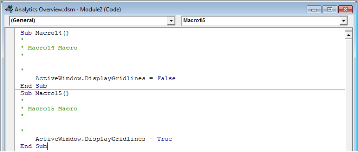 Module that contains the Visual Basic code for your Toggle Button in Excel 2007 and Excel 2010.