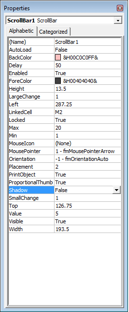 Configurable options available for ActiveX Controls Scroll Bars in Excel 2007 and Excel 2010.