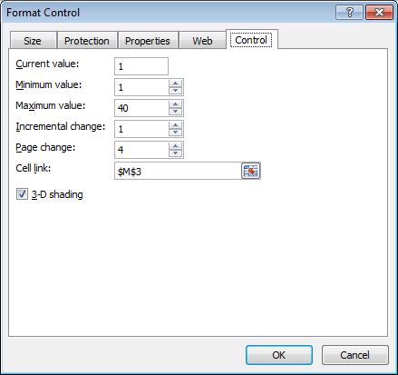 Configuring the range used and the increments chosen in a Scroll Bar in Excel 2007 and Excel 2010.