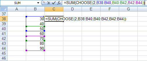 An example of how to use SUM and CHOOSE together to add up a range of cells in Excel 2007 and Excel 2010.