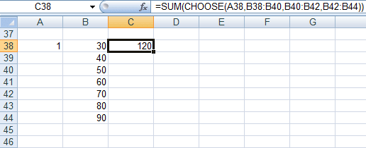 An example of how to use the CHOOSE function with cell references in Excel 2007 and Excel 2010.