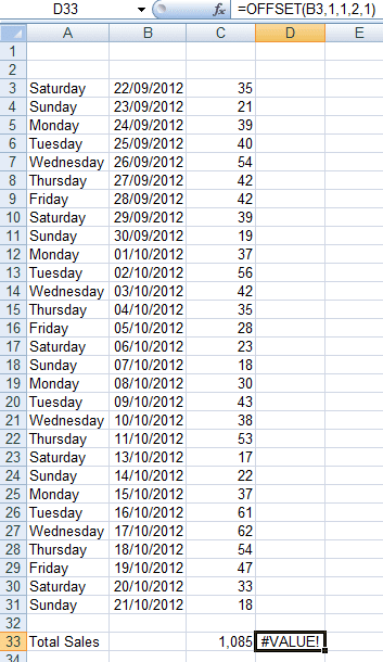 Example of a #VALUE error received when using the OFFSET function in a formula in Excel 2007 and Excel 2010.