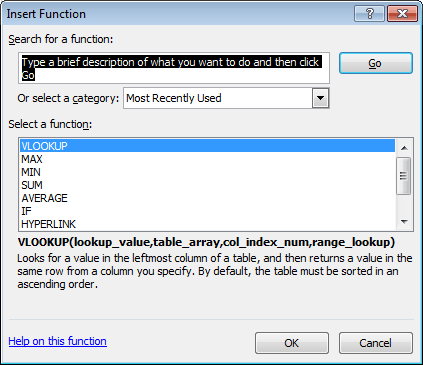 Using the Insert Function tool's search capability to find the best function for our formula in Excel 2007 or Excel 2010.