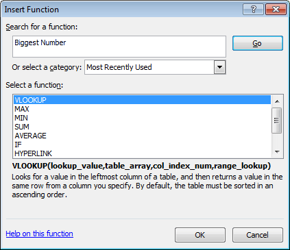 Searching for the appropriate function for our formula using search in the Insert function tool in Excel 2007 or Excel 2010.