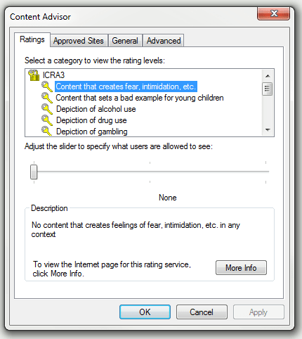 suwak pozwala skonfigurować ustawienia ocen dla przeglądania stron internetowych za pomocą programu Internet Explorer.