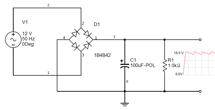 A sample full-wave bridge rectifier circuit with RC filter. The filter is used to reduce the AC component of the signal.