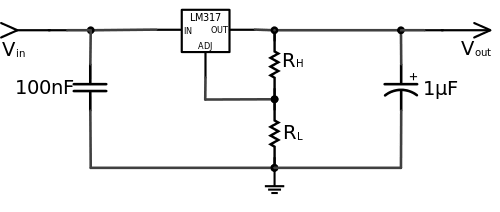 A typical schematic diagram of LM317. The major component, LM317 IC is used as adjustable voltage regulator.