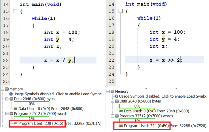 Using a right shift operator in place of a division instruction. (Click to see a clearer image.)