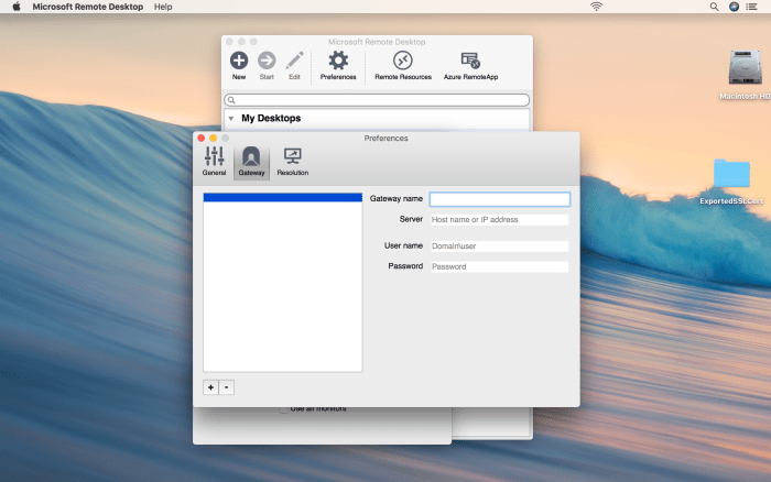 Click the "+" symbol on the lower left pane to add an RD Gateway and it's details. You can add more than one RD Gateway and select which one to use if you have different networks to connect to.