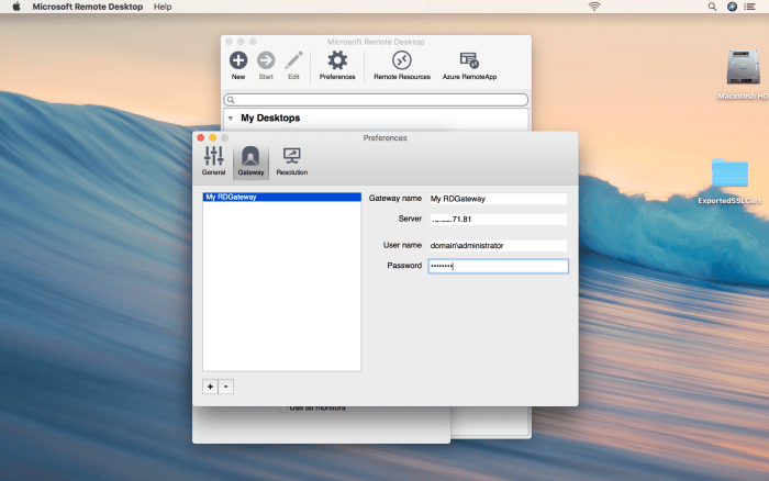 The credentials to enter is the user account that has been given rights in the Connection Authorization Policy and the Resource Authorization Policy in Remote Desktop Gateway Manager