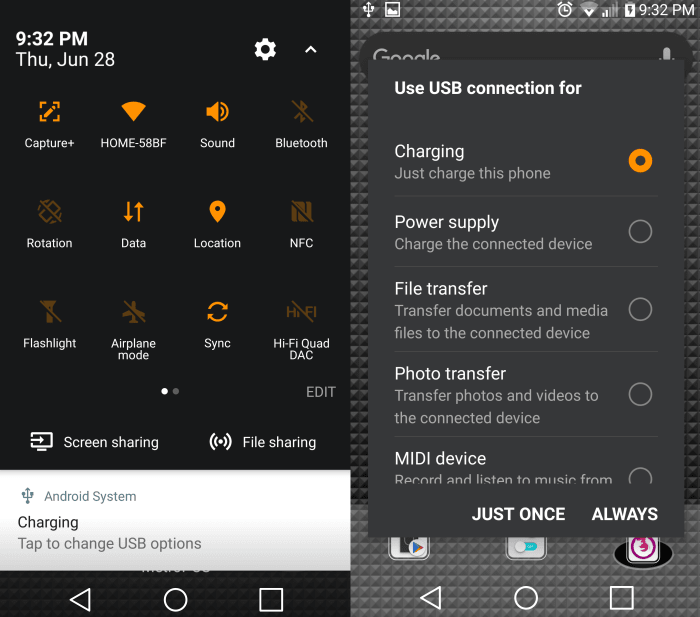 The notification menu and the options screen to change USB connection settings.