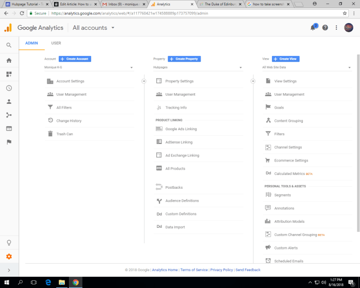 The screen where you can add new accounts (left), properties (middle) or customize what data you see (right)