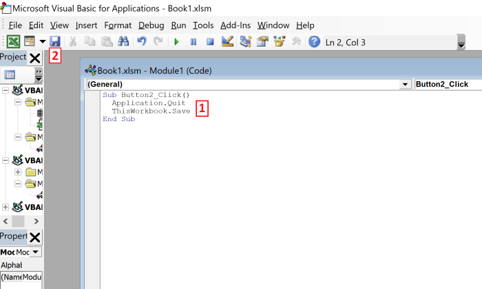 The first line of code "Sub Button2_Click()" initiates the task. Once the button is clicked, the application Quits "Application.Quit" and the prompt is avoided because the workbook is saved "ThisWorkbook.Save." Finally, the module ends "End Sub"