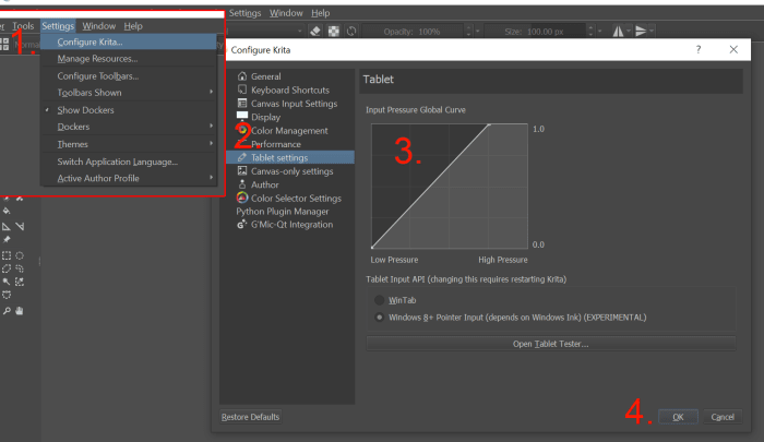 In this example, you'll reach max pressure in Krita without having to apply as much pressure with your tablet pen.