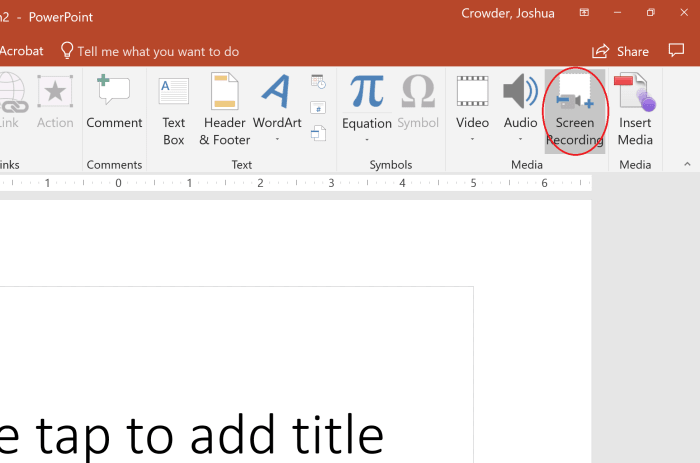 The screen recording option can be found on the right side of the ribbon under the insert tab in the section labeled media. In this same section there is an option that will let you record just audio.