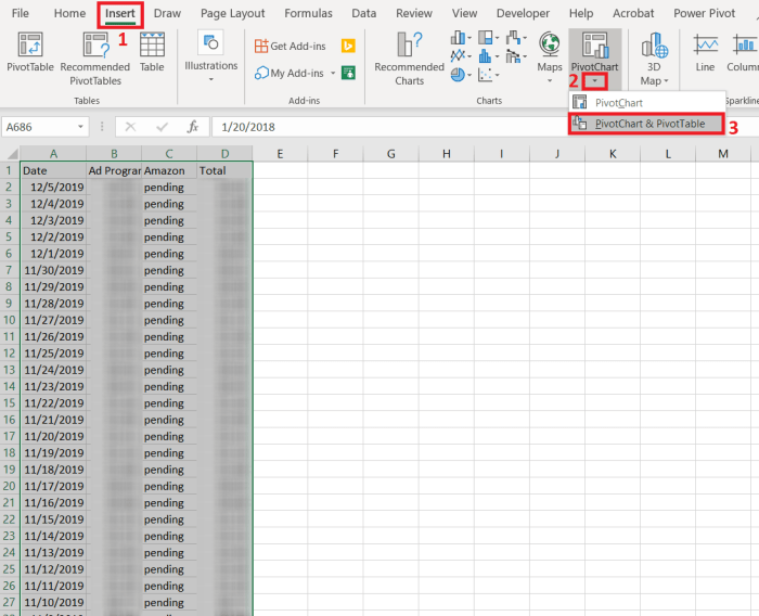 It's not mandatory to select the range of data to be used in the PivotTable in this step. This can wait until the create PivotTable window appears where the select a Table/Range option can be utilized.