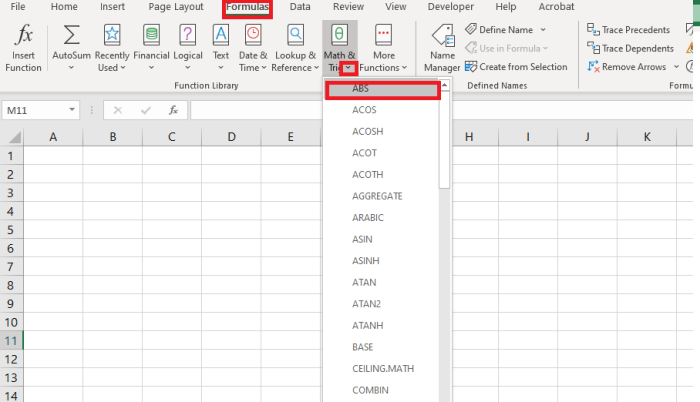 To insert the ABS function from the formula tab you must first navigate to: Formulas→Math & Trig→ABS