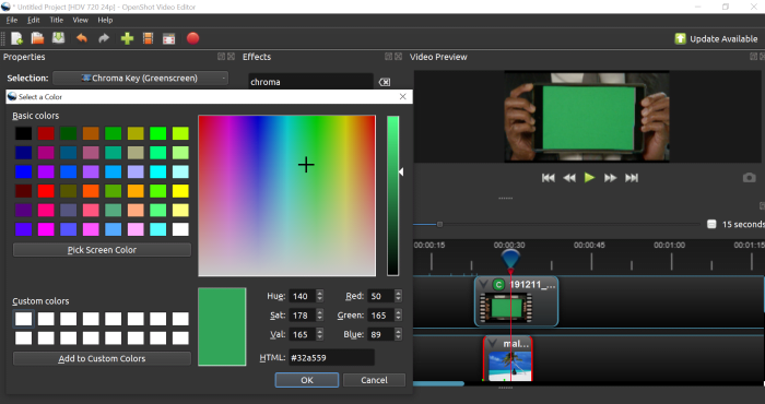 The color selection window helps the software identify the color that needs to be isolated and removed