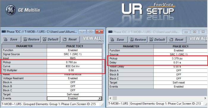 Parameters required for 50P/51P fault function configuration by the GE's Multilin® relays. Pickup, Time delay and Choice of Characteristic Curve are highlighted.