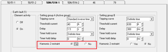 Parameters required for 50G/51G fault function configuration by the Schneider Electric's Sepam® relays. The Harmonic Restraint parameter is highlighted.
