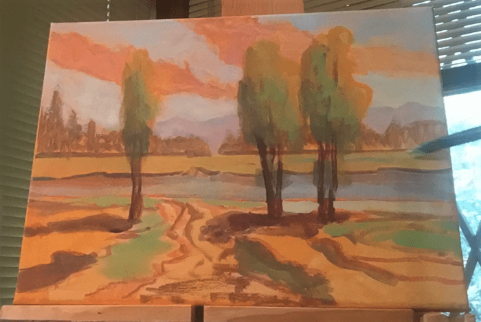 When you start painting the colors, choose those that have the most impact on the scene. In this case, with the orange ground, blue and green are a good choice.