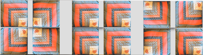 These three arrangements suggest a border strip between Log Cabin squares but they are not necessary if you prefer them directly next to each other. Your beginning square (mine with the heart) can face any direction you like.