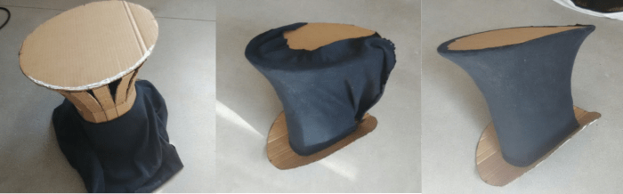 Fitting the cloth around the cardboard form is an enjoyable process. Here you will discover how the form design actually helps to spring the fabric tight and becomes extremely strong but is still lightweight.