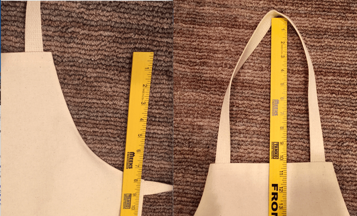 This "arm curve" is placed 8" down from the top of the bib with the neck loop having a 10" drop. Cut your neck loop length about 22" to leave room to sew. My side ties are 27" long.