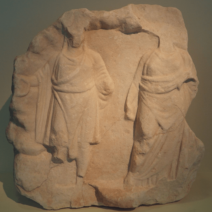 This sculpture depicts the goddess Cybele and her human lover, Attis, in whose honor Hilaria was celebrated.